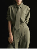 New Independent Tie Long-Sleeved Shirt + High Waist-Hanging Casual Broad-Legged Trousers Temperament Two-Set