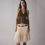 2026 New Hot Lace Lace Top Women Summer Folded Lotus Leaves Side Umbilical Umbilical Sweet Spicy Wind Short Hanging Neck Vest