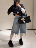 Vintage Hot Diamond Full Of Star-Scrying Denim Five-Point Trousers Women's Summer Niche Design Wide-Legged Trousers 68HZ