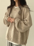 Casual Pure Color Open Fork Knitted Knitted Women Loose Long-Sleeved Round Sweater Autumn And Winter New 68HZ