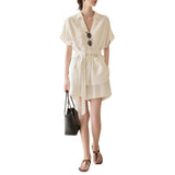 Imitation Cotton Hemp Texture Is Not Easy To Wrinkle Without Iron Heavy Industry Nail Beads V Tie Belt Short-Sleeved Shirt Coat + Shorts Set Summer