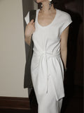 Spring And Summer New Structure Design Elegant French Lazy Dress U Collar Waist Thin After Open Fork Knot Dress