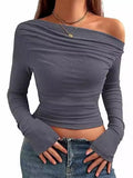 New Sexy Folded Shoulder Jacket Long Sleeves Out Asymmetrical Umbilical Folding T-Shirt Style Short