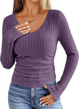 2026 New Female Pure Color V-Neck Fashion Long-Sleeved Pitted Haired Women's T-Shirt