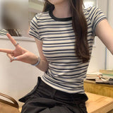 Pure Cotton Short-Sleeved Horizontal Streak T-Shirt Women's Summer 2025 New Loose Half-Sleeved Sympathize Casual Bottoming Shoulder Coat