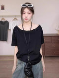Design-Sensitive Oblique Shoulder Short-Sleeved T-Shirt Woman 2025 New Summer Chic Shoulder Sympathizes With Pure Cotton-Dense Shawl Ins