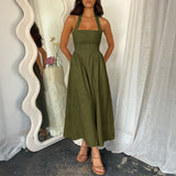 Dili 2025 Spring And Summer Leisure Resort Wind Solid Color High-Waistless Sleeveless Hanging Neck Dress Women's Dress