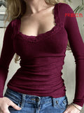 Dili 2025 Spring And Summer Solid Color Shirt Female Y2K Casual Repair Thread U Collar Lace Long-Sleeved T-Shirt