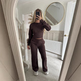 Women's Autumn And Winter New Fashion Casual Set Solid Zipper Open Shirt Straight Trousers Set 68HZ