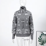 Small Print Leisure Languid Knitted Collar Zipper Long-Sleeved Sweater Seaside Vacation