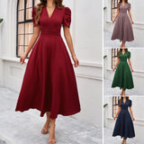 Dili 2025 Spring And Summer Temperament Elegant Solid Color High-Waisted Vneck Solid Color Short-Sleeved Dress Dress Women's Dress