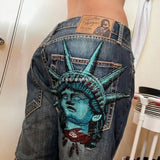 Trendy Statue Of Liberty Jeans Men And Women With The Same Water Wash Old Loose Straight Pants Tide 68HZ