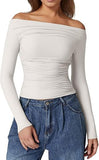 2025 New Women's Shoulder-To-Shoulder Solid-Colored Wrinkles One-Word Long-Sleeved Sexy Top