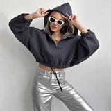 Easier Women's 2025 Spring Short-Term Cash Waist Lavel Hoodie Casual Zipper Long Sleeve Coat 68HZ