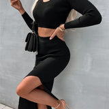 Hot Women's Clothing Solid Color Knitted Long-Sleeved T-Shirt Set Half-Body Fork Bag Hip Skirt Two
