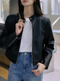 Right Shoulder PU Leather Zip Locomotive Leather Women Autumn Short Retro Collar Jacket Autumn Cool And Very Good