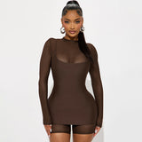 Autumn 2025 Solid Color Round Neck Long Sleeve Mesh Bag Hip Splicing Trousers Fashion Hip Dress