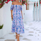 Summer New Sweet Wind Bra Collar Print Short Sleeves Tight Waist Long Dress Broken Floral Dress