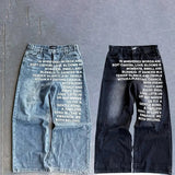 Trendy Letter-Print Jeans Men's Street Hip-Hop Straight Trousers Loose Casual Drag Trousers 68HZ