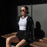 Casual Set Long Sleeve Zipper Collar Top Loose Shorts Striped Two-Piece Set 68HZ