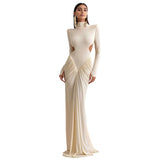 New Women's Clothing In The Autumn Of 2025, Pure-Color Long-Sleeved High-Collar Temperament Folds And Back Dresses