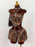New Leopard Print Body Sexy Short Bra Vest Coat With Leaf-Side Skirt Suit For Women