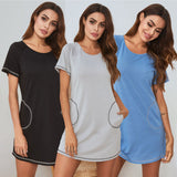 Summer Lady Home Clothes Pajamas Side Pocket Short-Sleeved Round Neck Imitation Cotton Pyjamas Woman