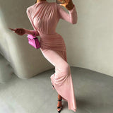 New Fashion Solid-Colored Round-Neck Long-Sleeved Wrinkled Dress In Autumn/Winter 2025
