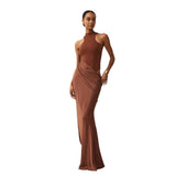 New Women's Round-Neck Sleeveless Body-Clic Splicing Long Dress Fashion Hollow Dress