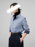Spring Gem Blue-Legged Jeans High-Rise Retro Stripe Folded Shirt-Wearing Set
