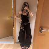 High Street Babes Letter Flowers Embroidered Scissor Jeans Women Y2k Loose High-Waisted Broad-Legged Trousers 68HZ