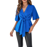 Dili Women's Clothing 2025 Spring And Summer V Neck Pure Color Elegant Five-Point Sleeve Strap Tidling Waist Top