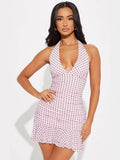 New Modern Print Hanging Neck Repair Sexy Wave Point Waist Lace-Buffed Short Dress Dress Dress Woman