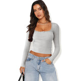 2025 New Long-Sleeved T-Shirt Women's Fashion Brand Slim Lace Spliced Hottie Top U Collar Thin Bottom Shirt