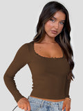 2025 New Long-Sleeved T-Shirt Women's Fashion Brand Slim Lace Spliced Hottie Top U Collar Thin Bottom Shirt