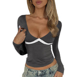 Dili 2025 Spring/Summer Y2K Sexy Deep V Lace Spliced Bm Long-Sleeved Top Women's Clothing