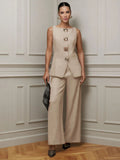 Women's Fashion Gold Buttoned Vest Trousers Two-Piece Casual Suit Women
