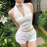2025 Summer New Women's Solid Color Sexy Hanging Neck Imitation Fish Umbilled Vest Woman 68HZ