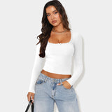 2025 New Long-Sleeved T-Shirt Women's Fashion Brand Slim Lace Spliced Hottie Top U Collar Thin Bottom Shirt