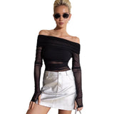 Women's Clothing 2025 Spring And Summer New Solid Color Repair Fashion Word-Collar Mesh Yarn Long-Sleeved Top Woman