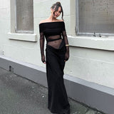Women's Clothing 2025 Spring And Summer New Fashion Word Shoulder Long-Sleeved Perspective Mesh Splicing Bag Hip Dress