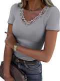 2025 Lace Splicing V-Neck Tight Solid Color Short-Sleeved T-Shirt Women's Summer New Pure Desire To Slim Top