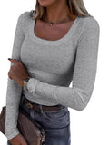 2026 New Burst Threaded Pit Strips Long-Sleeved Sexy U-Neck Casual Women's T-Shirt
