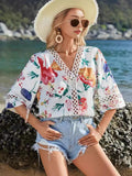 2025 Southeast Asian Summer New Loose V-Neck Temperament Commuter Horn Lace Jersey Chiffon