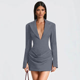 Women's Clothing 2025 Autumn And Winter New Solid Color Slim Slim V To Receive Waist Thin Temperament Suit Dress
