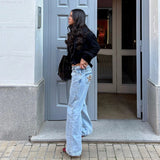 Leopard Print Five-Pointed Star Deconstruction Jeans Women Y2k High Street Design Rivet Straight Trousers 68HZ