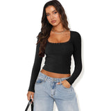 2025 New Long-Sleeved T-Shirt Women's Fashion Brand Slim Lace Spliced Hottie Top U Collar Thin Bottom Shirt