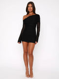 New Autumn Hot Slanted Shoulder Net Folded Long-Sleeved Dress Body Slimy Sexy Bag-Butty Dress Girl