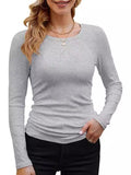 2025 Women's Women's New Ribs Cotton Fabric Base Round Neck Solid Long-Sleeved T-Shirt
