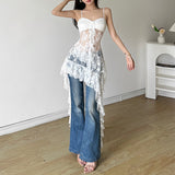 2025 Summer New Women's Pure Color Repair Height Waist Fashion Sling Ribbon Lace Dress 68HZ